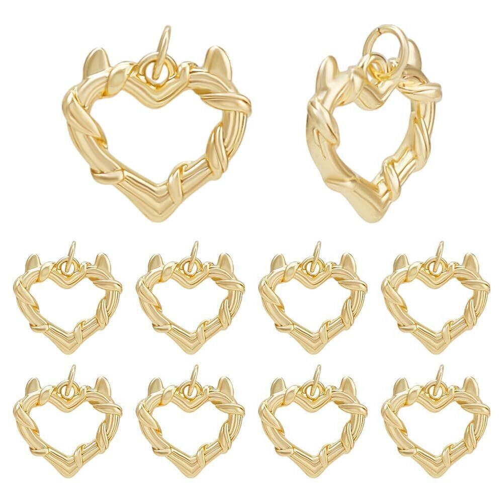 9502 10 Pcs 18K Gold Plated Heart Charms, Golden Brass Heart Pendants